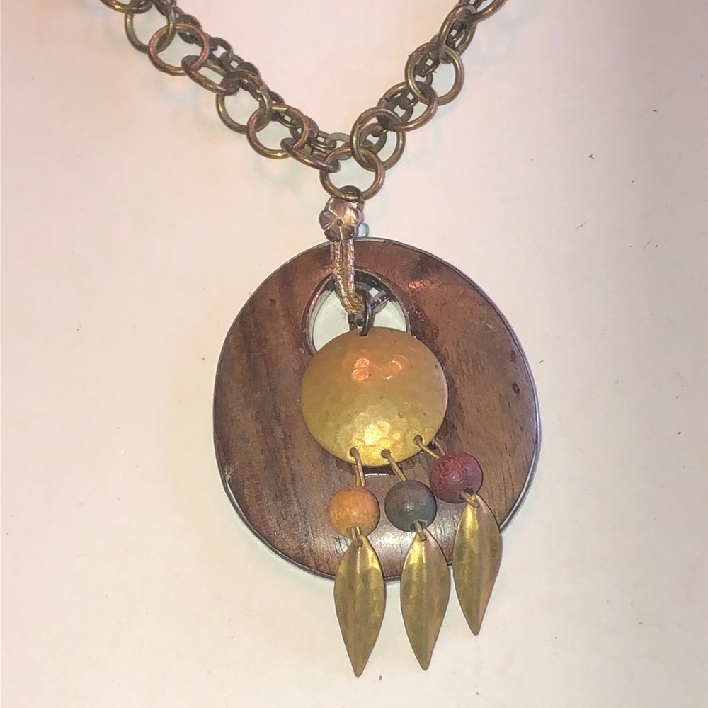 Wooden and Brass Boho Beaded Pendant Necklace